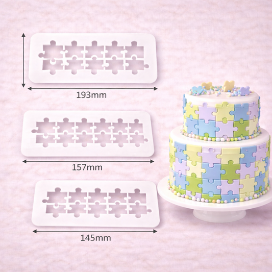 Puzzle Multicutter Ausstecher Set für Fondant in drei Größen mit Maßangaben 193 mm, 157 mm und 145 mm