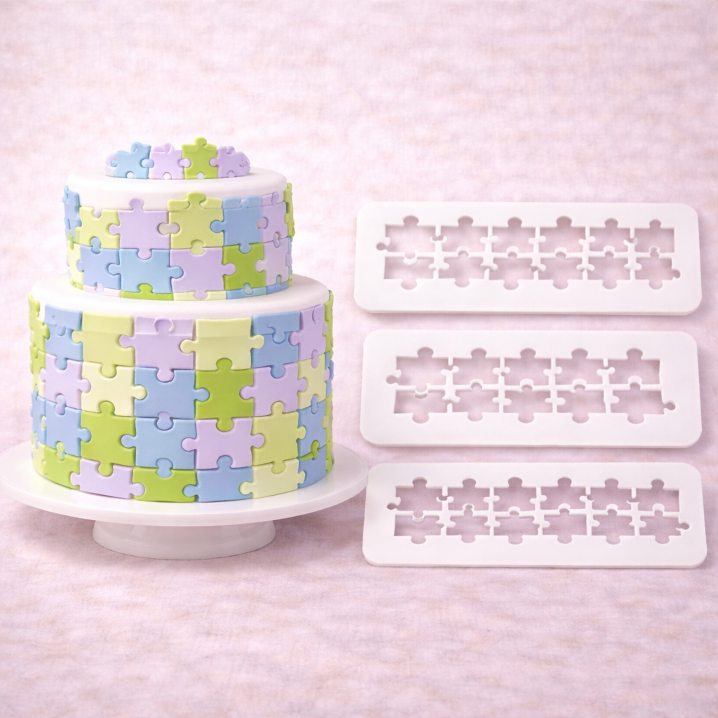 Multicutter Puzzle Ausstecher für Fondant in drei Größen neben einer zweistöckigen Torte mit Puzzle-Muster in Pastellfarben