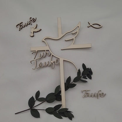 Tortenstecker Holz Kreuz&Taube zur Taufe