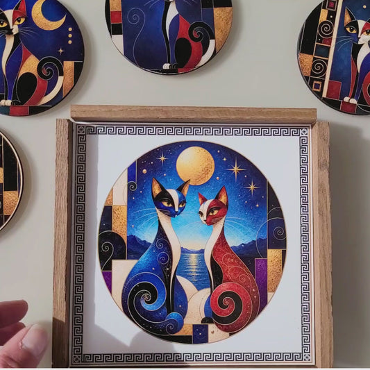 Holztablett-Set mit 4 Untersetzern - Katzenmotiv Moderne Kunst | Handmade