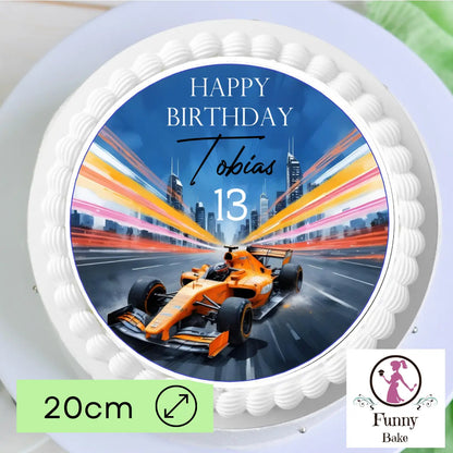 Tortenaufleger mit Rennauto-Motiv zum Geburtstag, rund 20 cm