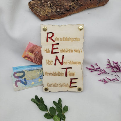 holzkarte rente mit spruch buchstaben werden in wörter eingebaut rente gelasert wörter graviert geschenkkarte zur rente 12,5cm 7,8cm 