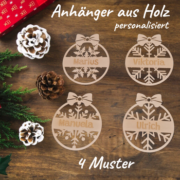 personalisierte christbaumanhänger aus holz, 8 cm durchmesser, in 4 mustern mit namensgravur – geschenkanhänger kleiner wichtelgruss