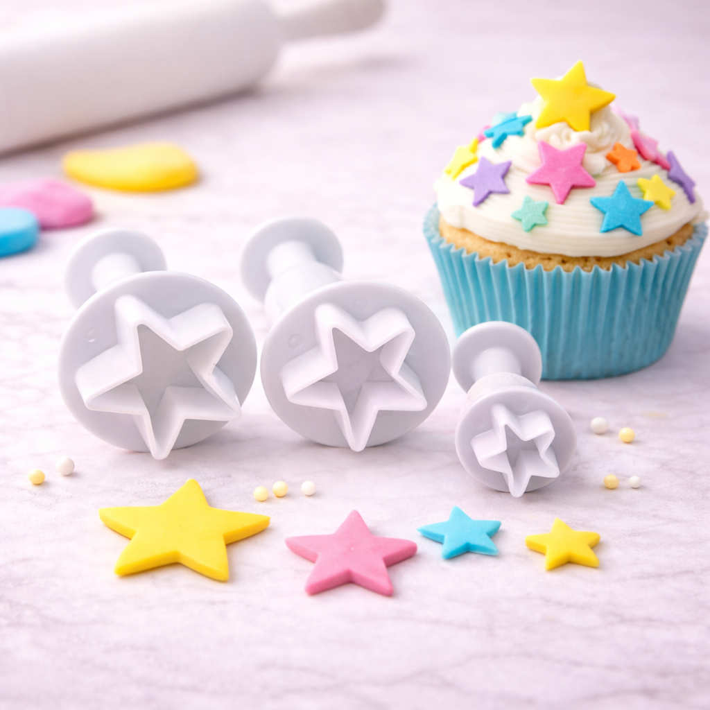 Stern-Ausstecher mit Plunger-Funktion im Einsatz bei der Dekoration eines Cupcakes mit bunten Fondantsternen
