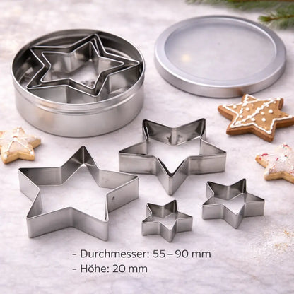Vier Metall-Sternausstecher in unterschiedlichen Größen mit Aufbewahrungsdose, geeignet für Weihnachtskekse und Plätzchen in der Weihnachtsbäckerei