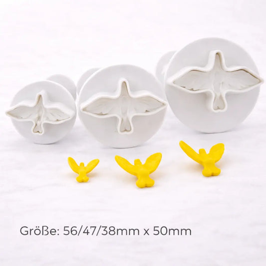 Drei Tauben-Ausstecher in unterschiedlichen Größen für Fondant- und Tortendekoration, ideal für Tauf- und Kommuniontorten