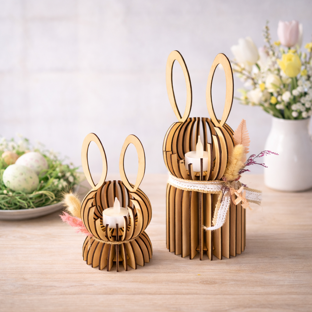 Detailansicht Holz Hase Teelichthalter aus naturbelassenem Pappelholz