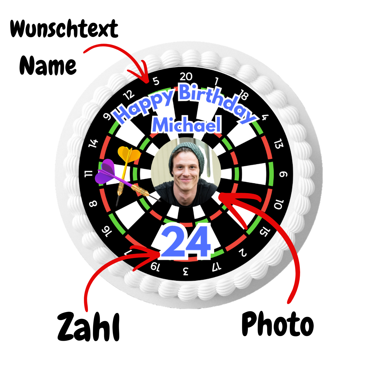 Tortenaufleger Dartscheibe personalisiert auf Geburtstagstorte für Dartspieler mit Name und Zahl