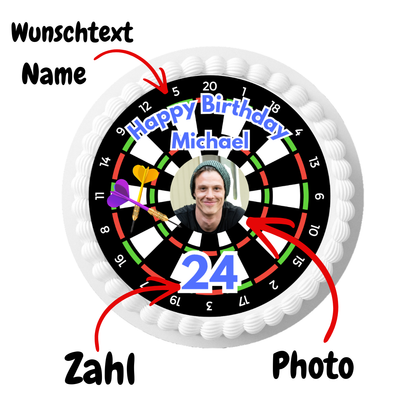 Tortenaufleger Dartscheibe personalisiert auf Geburtstagstorte für Dartspieler mit Name und Zahl