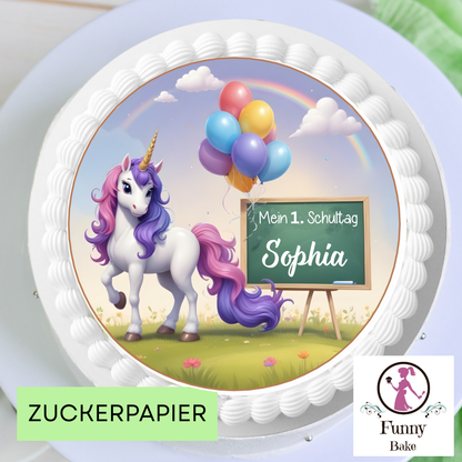 Einhorn Mädchen Tortendeko zur Einschulung auf einer Torte, Mein 1. Schultag