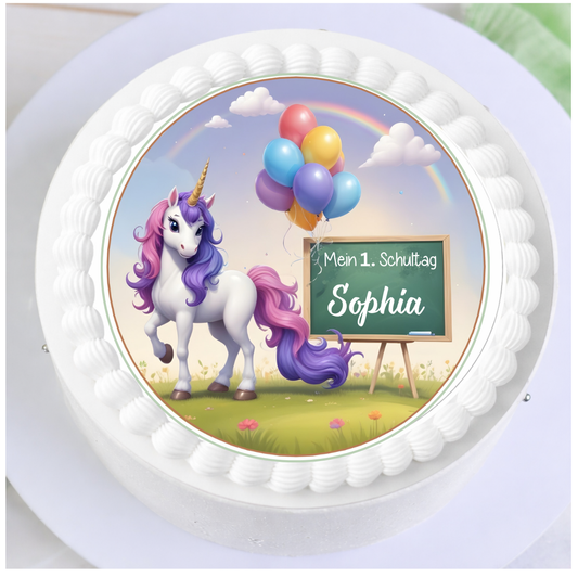 Tortenaufleger Einschulung mit Einhorn für Mädchen, personalisiert mit Name