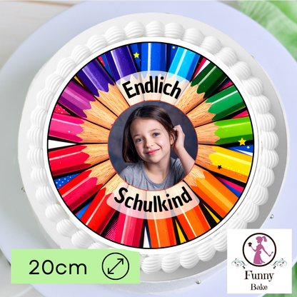 Runder Tortenaufleger zur Einschulung mit farbigem Bildmotiv