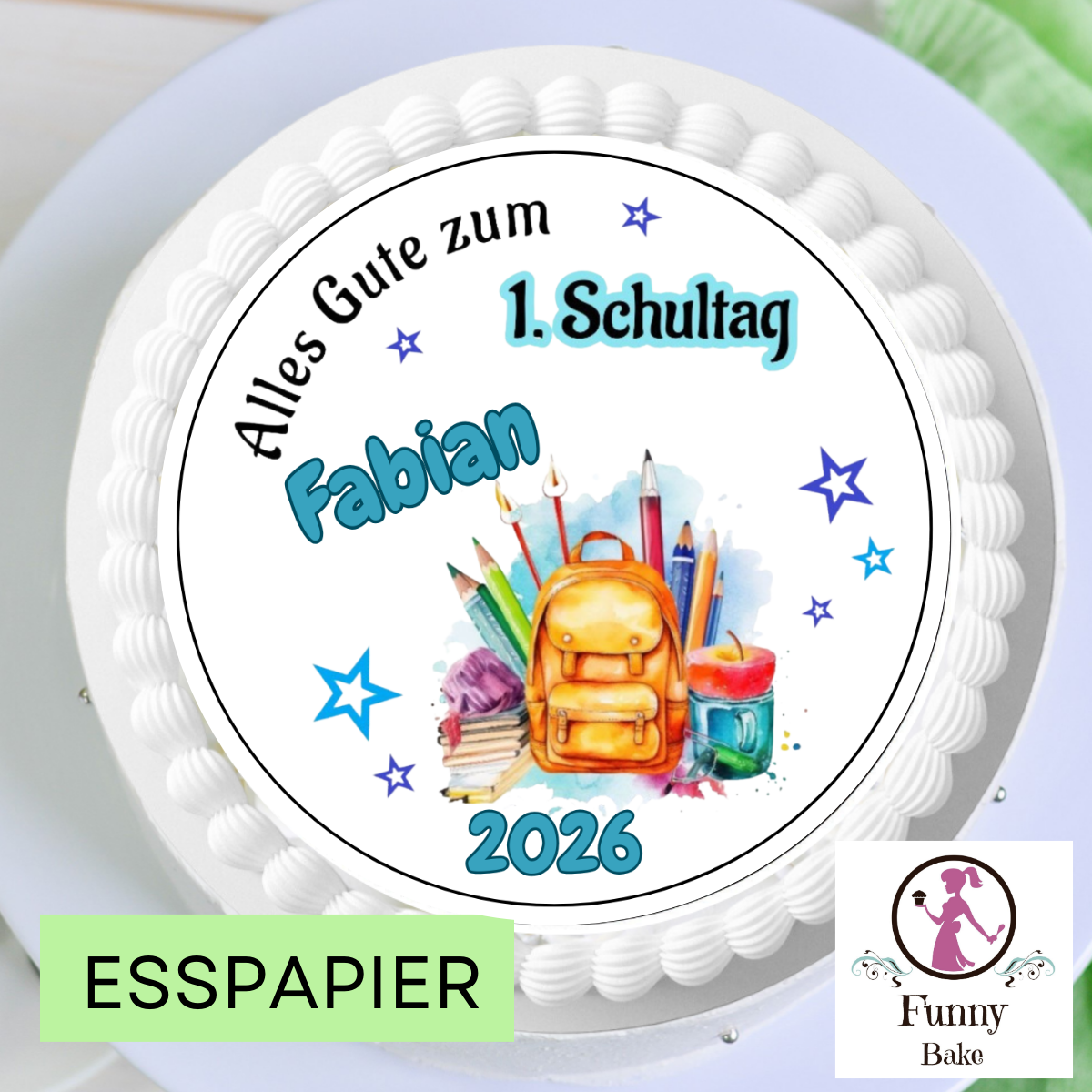 Tortendeko Einschulung in Blau mit Name personalisiertem Tortenaufleger für Jungen und Schulanfang