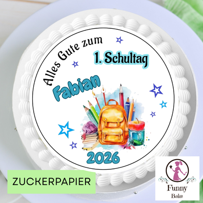 Tortenaufleger zur Einschulung in Blautönen mit Name als Tortendeko für den Schulanfang 2026