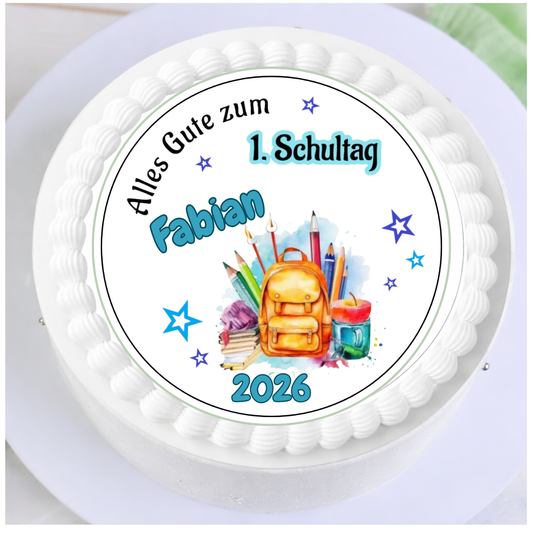 ortenaufleger zur Einschulung in Blautönen mit Name als Tortendeko für den Schulanfang