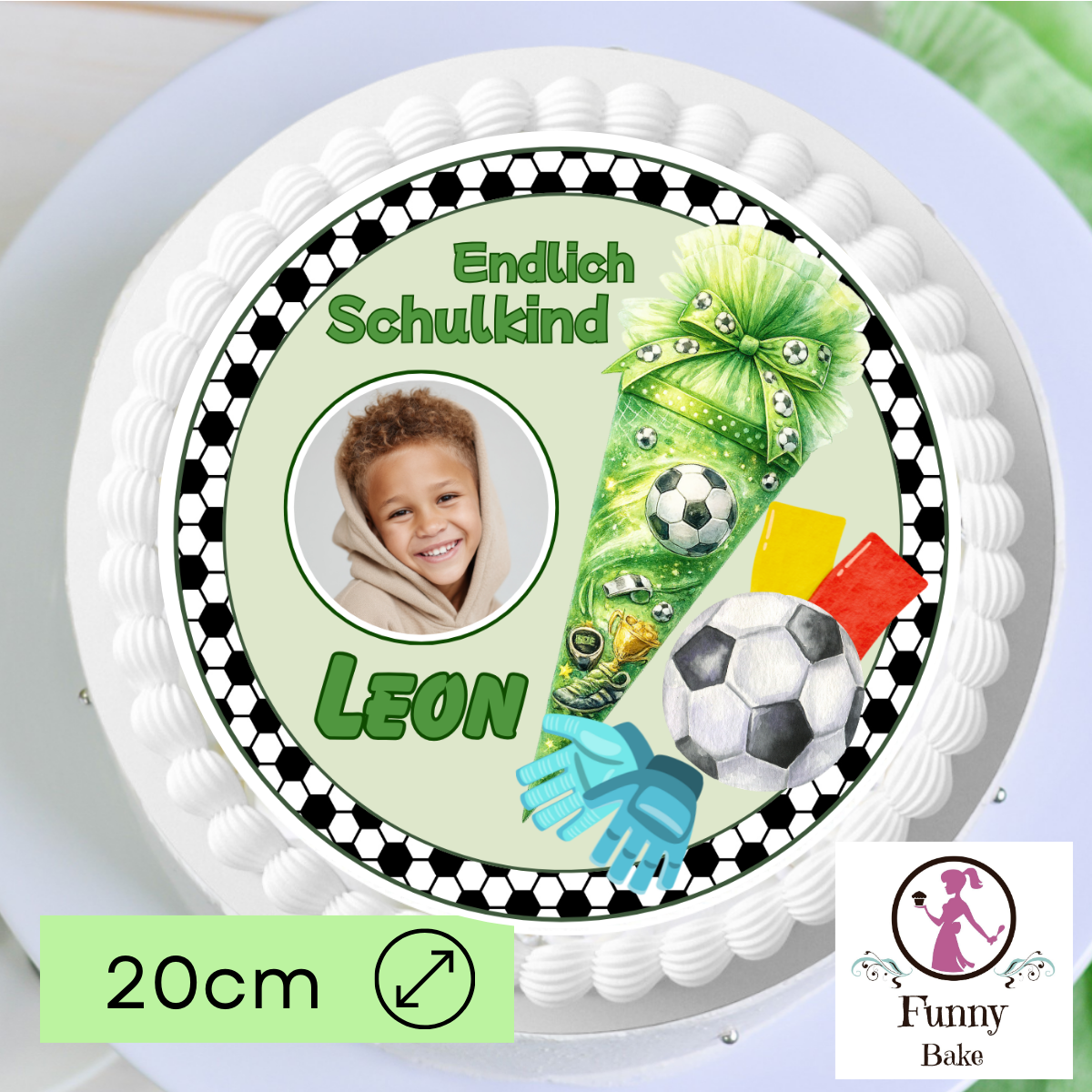Tortenaufleger Einschulung Junge mit Fußballmotiv auf Einschulungstorte zum 1. Schultag