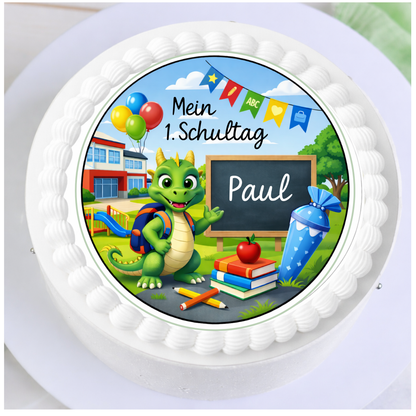 Personalisierter Tortenaufleger zur Einschulung für Jungen mit Drachen-Motiv und Name – passend für den 1. Schultag