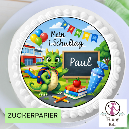 Personalisierter Tortenaufleger zur Einschulung für Jungen mit Drachen-Motiv und Name – passend für den 1. Schultag-bunt