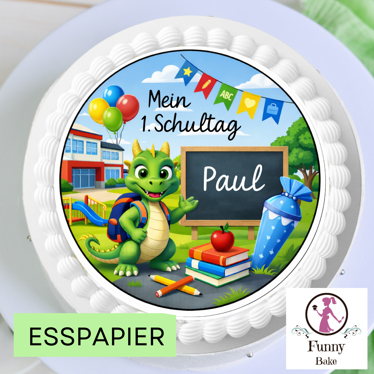 Personalisierter Tortenaufleger zur Einschulung-mit Drachen-Motiv-für-jungs-und Name – passend für den 1. Schultag