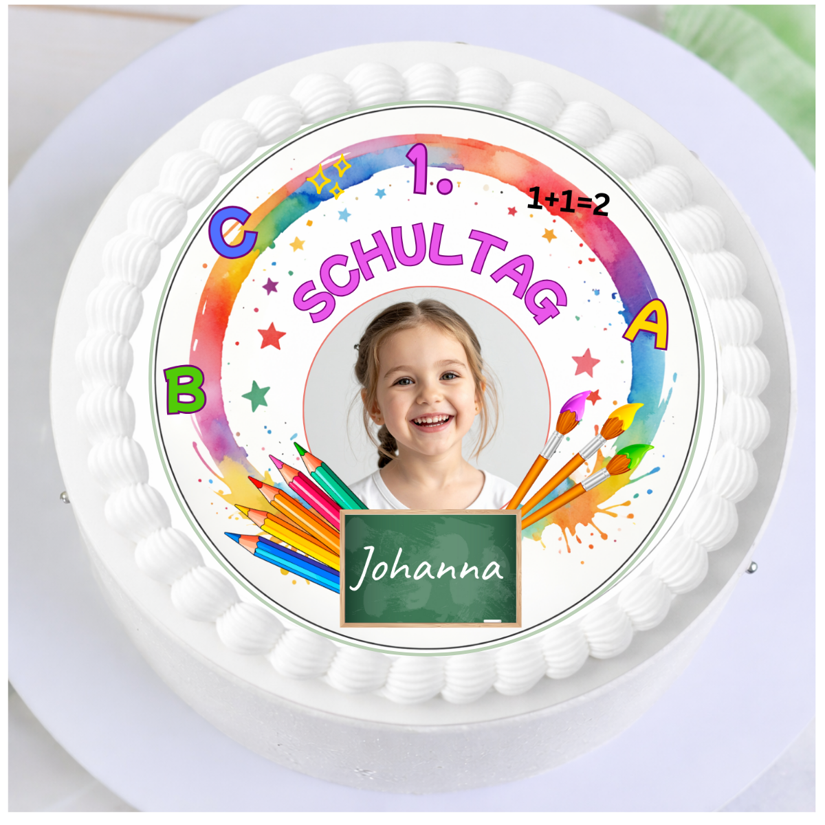 Personalisierter Tortenaufleger zur Einschulung für Mädchen mit Foto und Name in warmen Rosa- und Orangetönen
