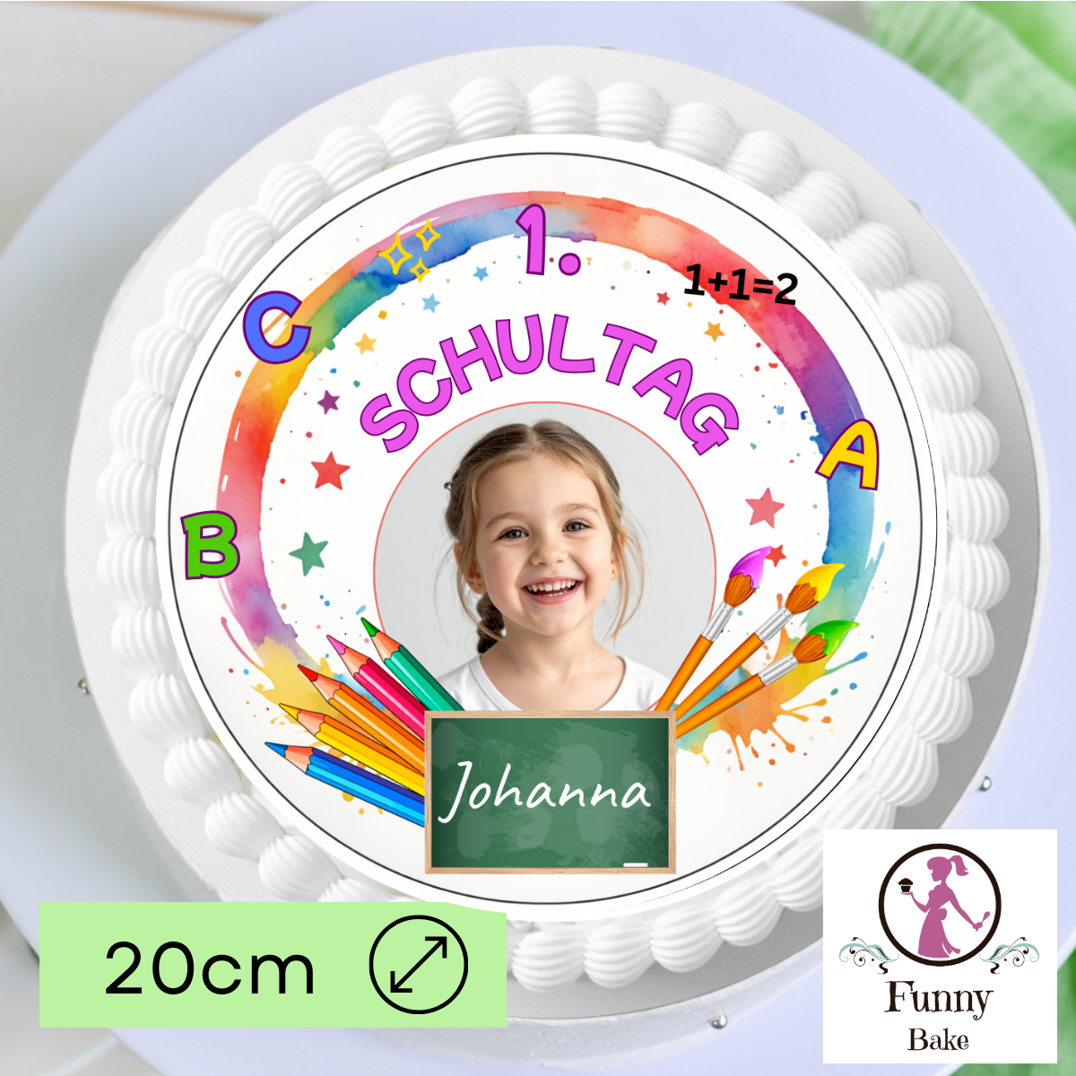 Detailansicht eines Tortenauflegers zur Einschulung für Mädchen mit personalisiertem Fotomotiv