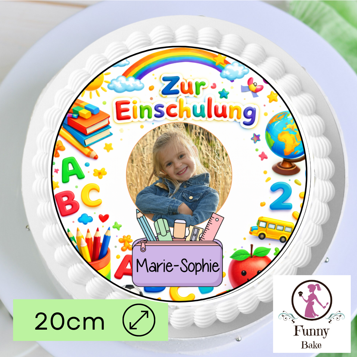 Personalisierter Tortenaufleger zur Einschulung mit Bild und Name