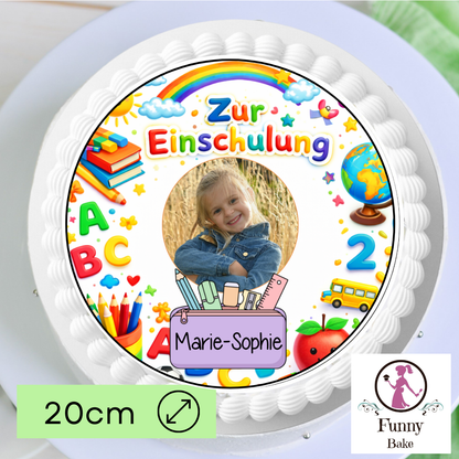 Personalisierter Tortenaufleger zur Einschulung mit Bild und Name