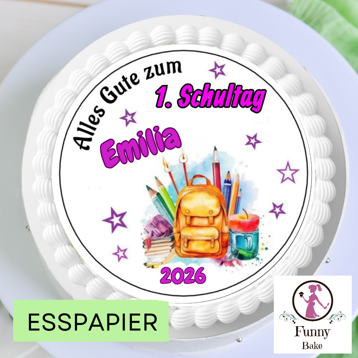 Tortendeko Einschulung in Pink mit personalisiertem Tortenaufleger für 1. Schultag Mädchen