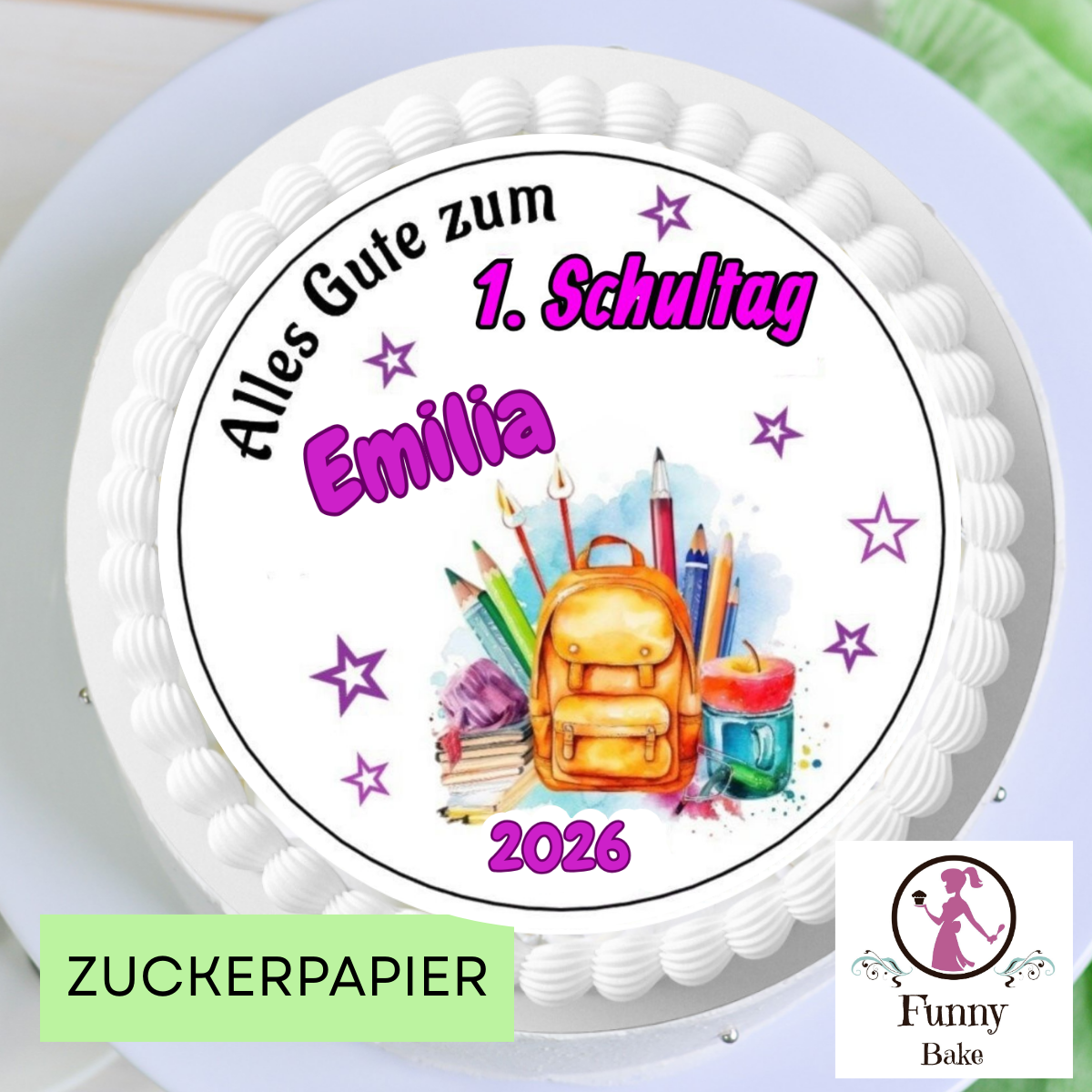 Tortendeko Einschulung in Pink mit ranzen personalisiertem Tortenaufleger für 1. Schultag und Mädchen