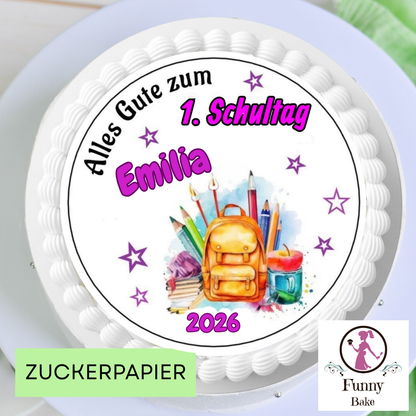 Tortendeko Einschulung in Pink mit ranzen personalisiertem Tortenaufleger für 1. Schultag und Mädchen