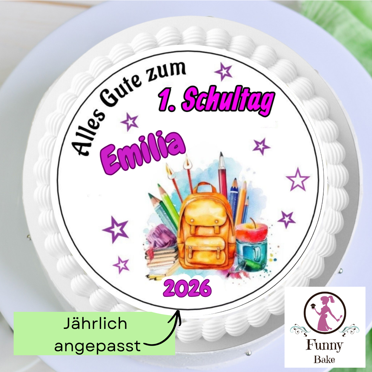 Tortenaufleger zur Einschulung in Pink mit Name als Tortendeko für Mädchen und Schulanfang