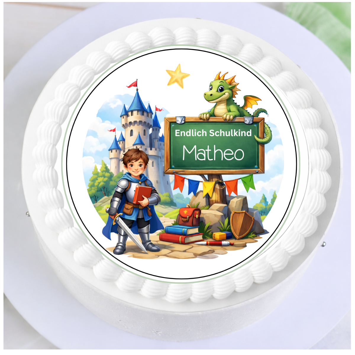 Tortenaufleger Einschulung mit Ritter und Drache auf Torte dekoriert, Tortendeko für Jungen zum 1. Schultag
