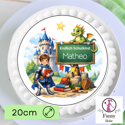 Tortenaufleger zur Einschulung mit Ritter und Drache für Jungen, personalisierte Tortendeko zum 1. Schultag