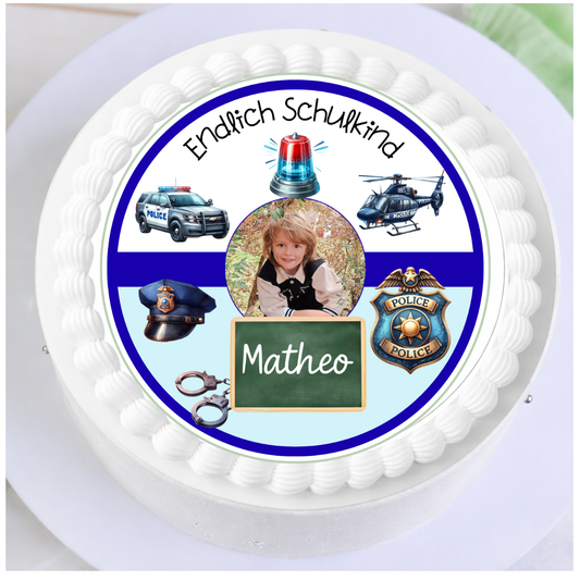 Moderner Tortenaufleger zur Einschulung mit Ritter und Drache für Jungen, farbenfrohes Schulmotiv mit leerer Tafel