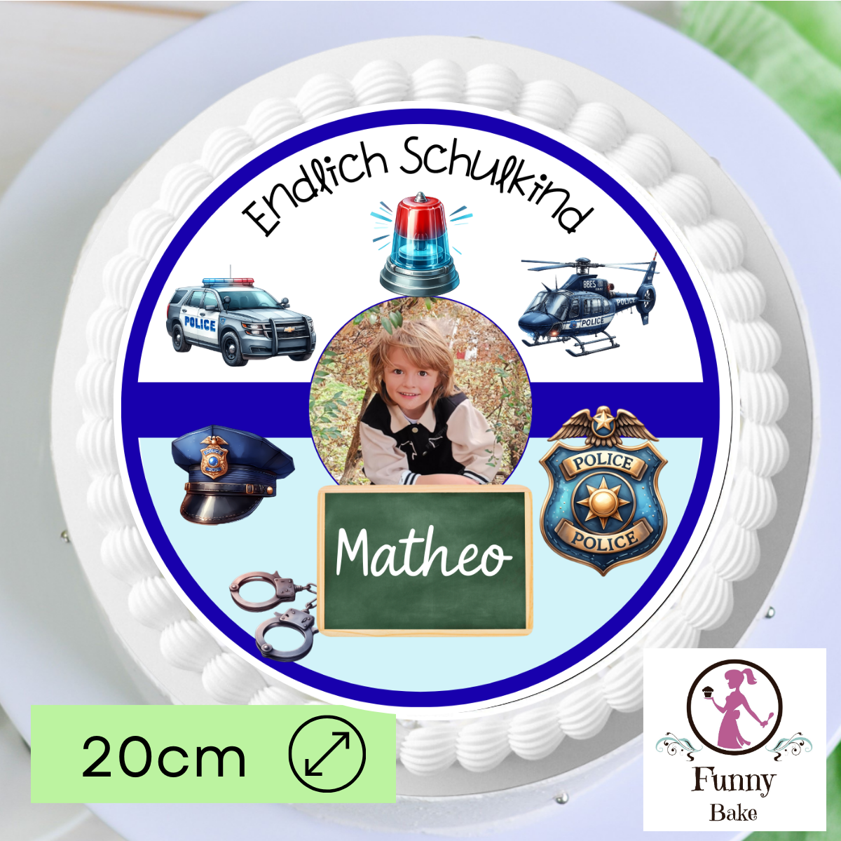 Leere Tafel auf Tortenaufleger zur Einschulung mit Ritter und Drache, ideal für Namen und persönlichen Text