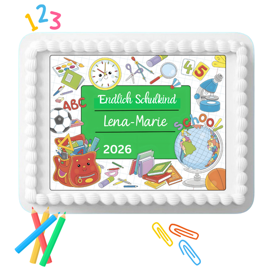 Tortenaufleger Einschulung mit Schultafel-Motiv, Name und Jahreszahl