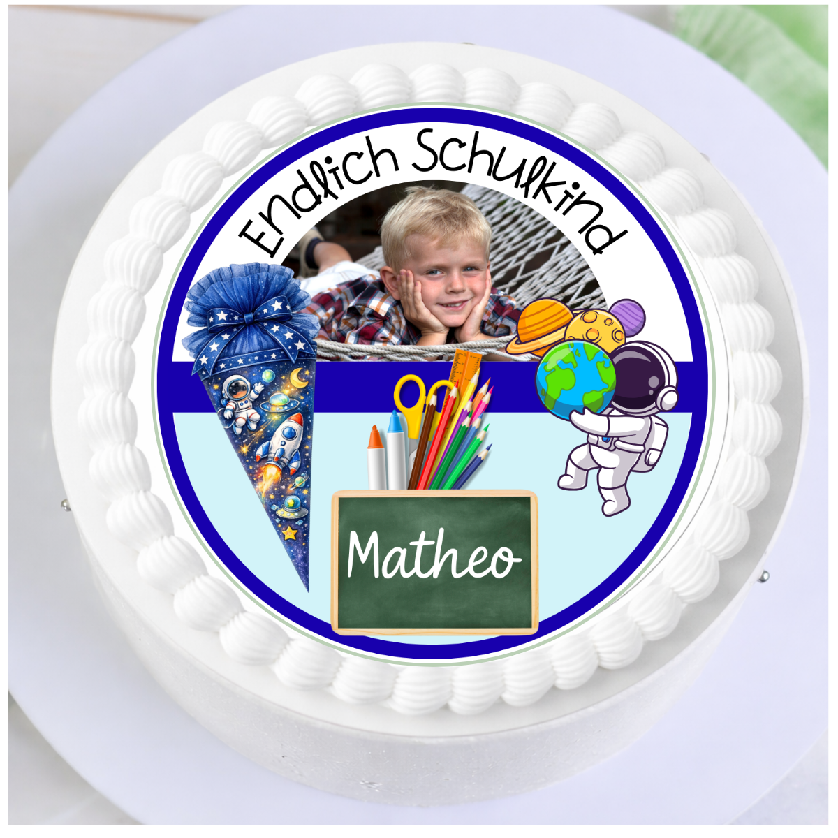 Tortenaufleger Einschulung Weltraum Astronaut – personalisierter Aufleger für Einschulungstorten