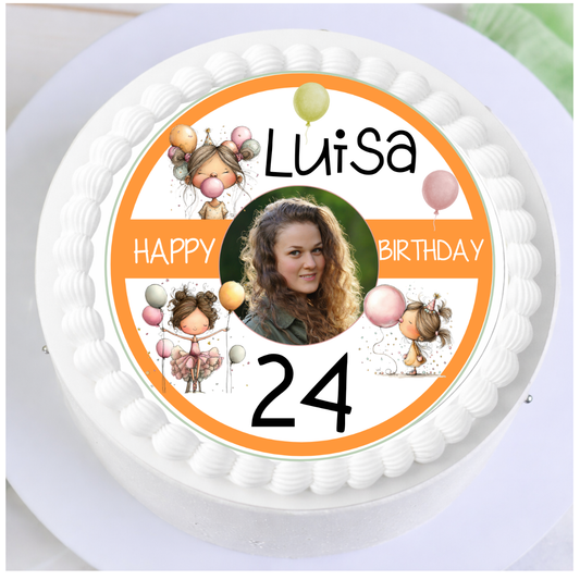 Tortenaufleger zum Geburtstag für Mädchen mit Foto, Name und Zahl auf einer Torte