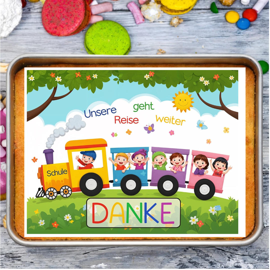 Tortenaufleger Kindergartenabschied mit Zug-Motiv als Abschiedskuchen für Erzieherinnen