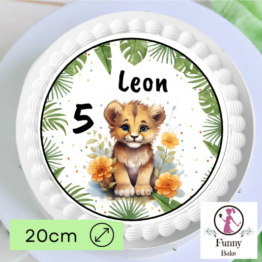 Tortenaufleger mit süßem Löwenbaby und personalisiertem Namen und Zahl