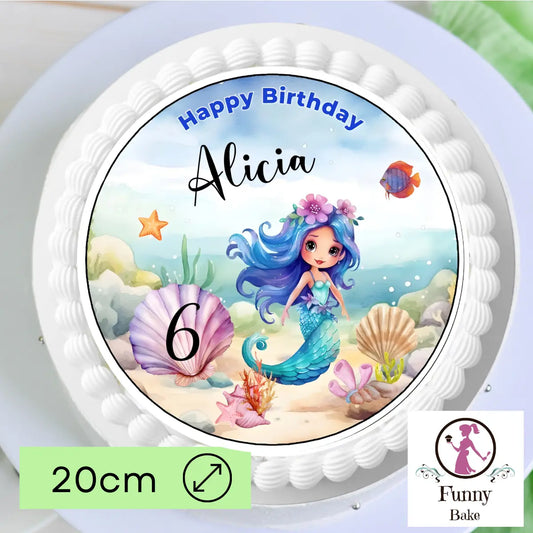 Tortenaufleger mit süßer Meerjungfrau und personalisiertem Namen und Zahl