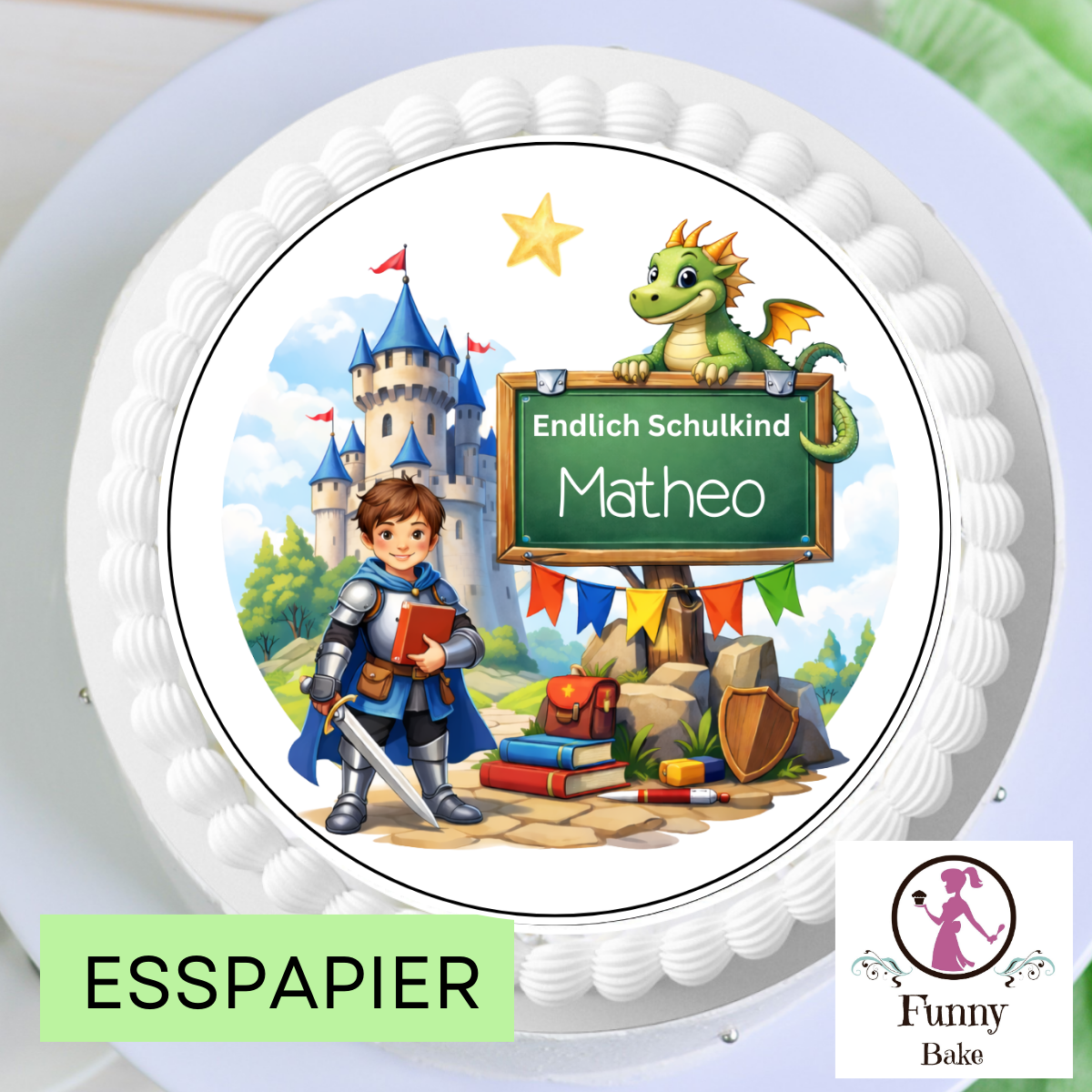 Ritter und Drache Motiv auf Tortenaufleger zur Einschulung für Jungen, farbenfrohe Tortendeko