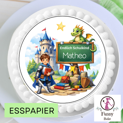 Ritter und Drache Motiv auf Tortenaufleger zur Einschulung für Jungen, farbenfrohe Tortendeko