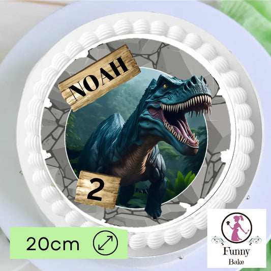 Tortenaufleger mit T-Rex Dino und personalisiertem Namen und Wunschzahl