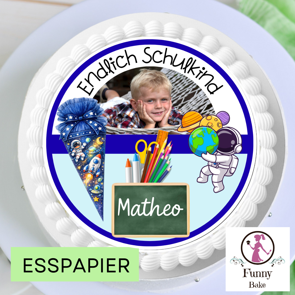 Tortenaufleger Junge Weltraum mit Raumschiff, Schultüte und Schulanfangs-Motiven und Bild