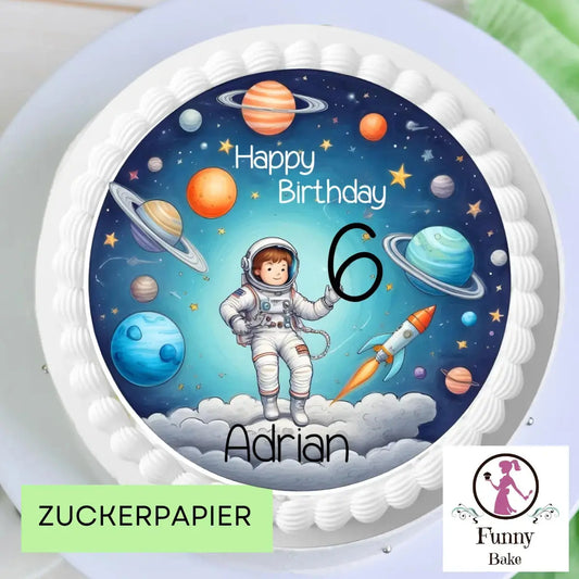 essbarer tortenaufleger personalisierbar mit name und wunschzahle.motiv weltraum kindgerechte zeichnung mit astronaut, planeten rakete