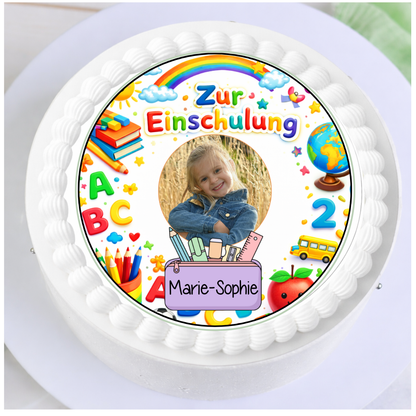 Tortenaufleger zur Einschulung bunt mit Stiften – rund 20 cm, für Jungen und Mädchen