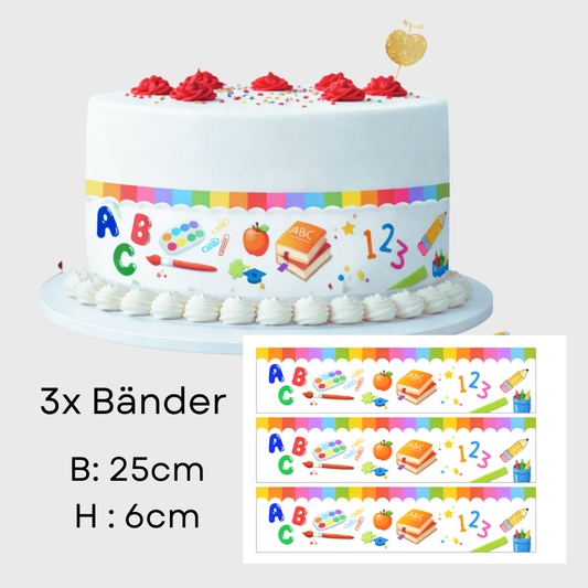 Tortenband zur Einschulung mit drei Bändern auf einem Bogen für die Einschulungstorte