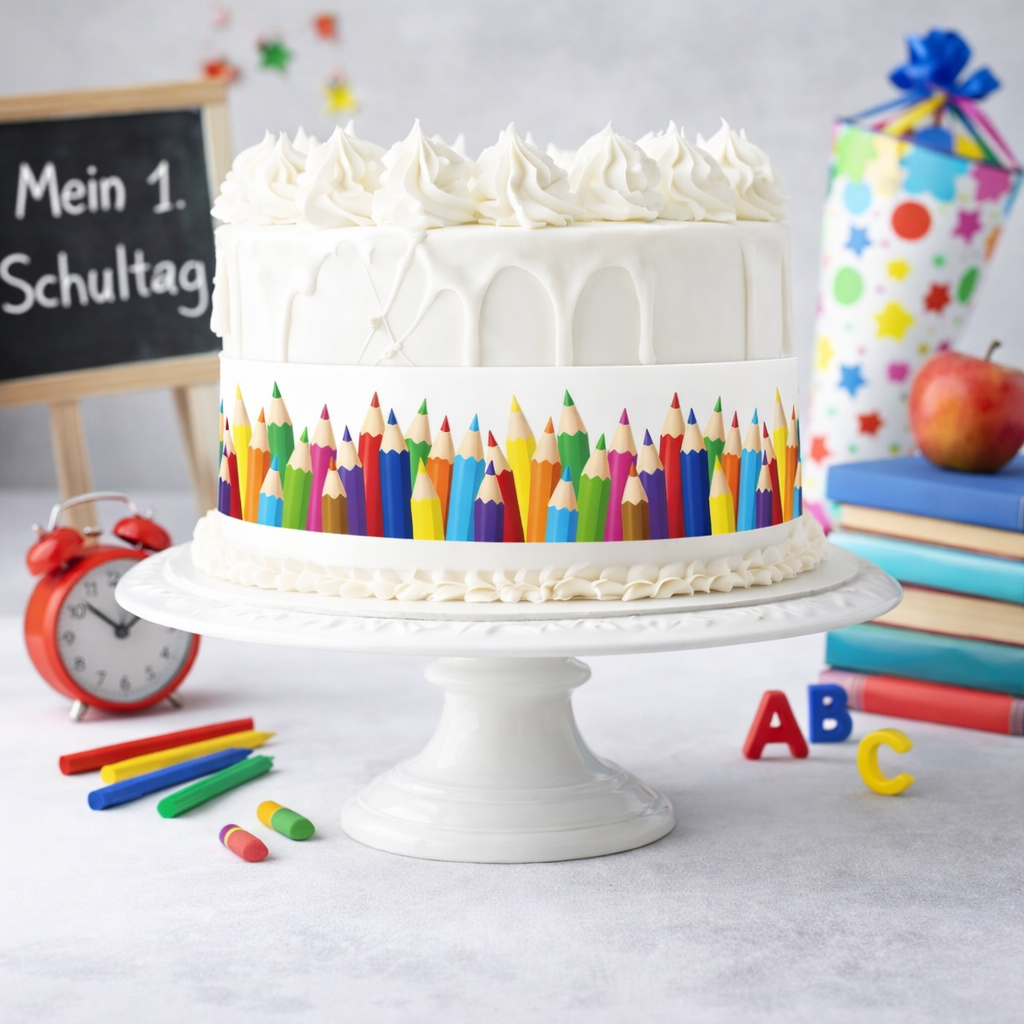 Tortenband zur Einschulung mit bunten Stiften auf weißer Torte als Einschulungstorte dekoriert