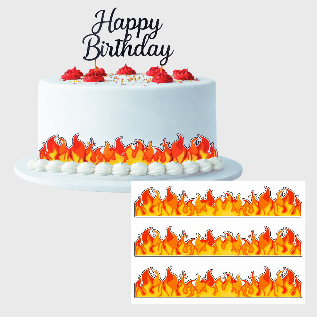 Tortenband Flammen für Feuerwehr Torte zum Kindergeburtstag mit drei Bändern auf einem Bogen